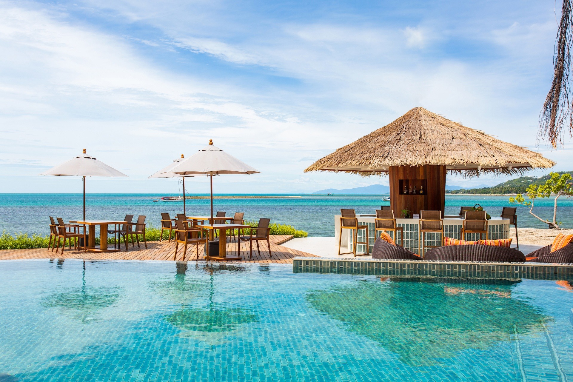 The beachfront pool and thatched bar sala looking out to the Gulf of Thailand, Rocky’s Boutique Resort