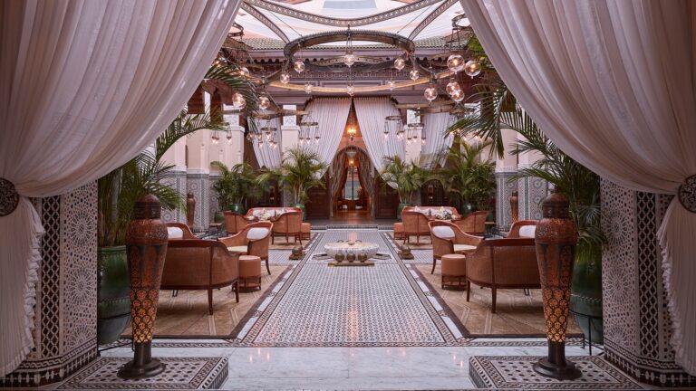 Central courtyard with arcades and fountain, Royal Mansour Marrakech