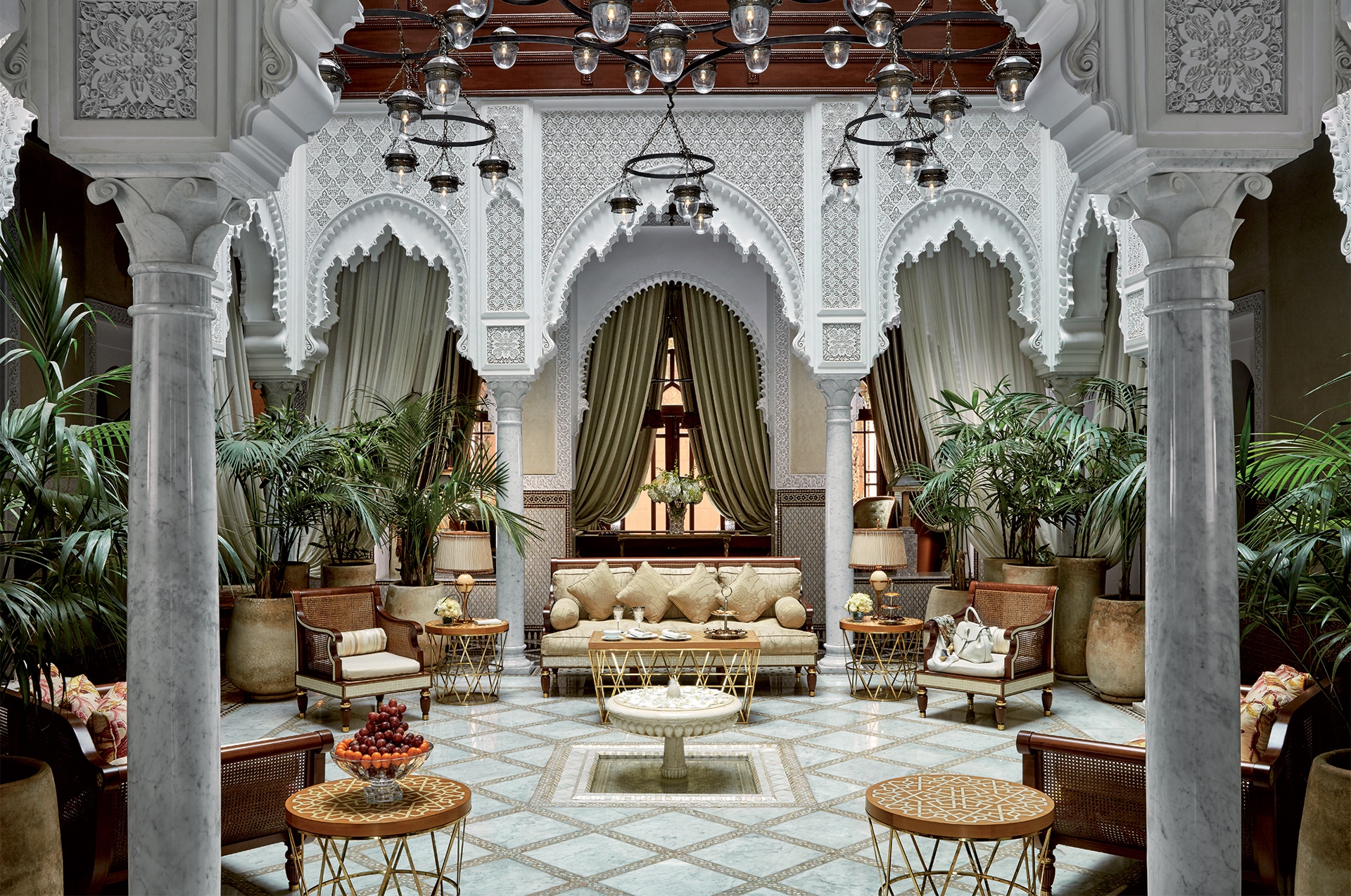 Courtyard lounge among the arches, Royal Mansour Marrakech