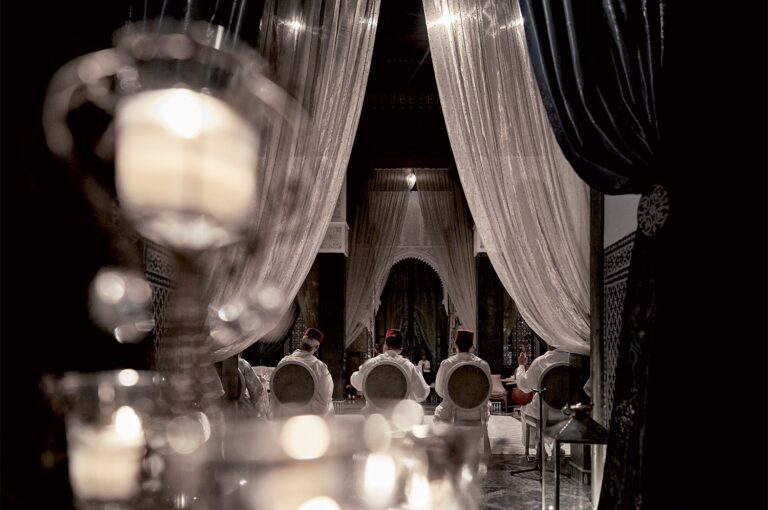Candlelit tables for an evening reception, Royal Mansour Marrakech