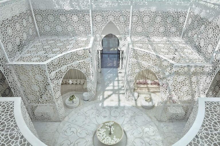 Hammam with carved white plasterwork, Royal Mansour Marrakech