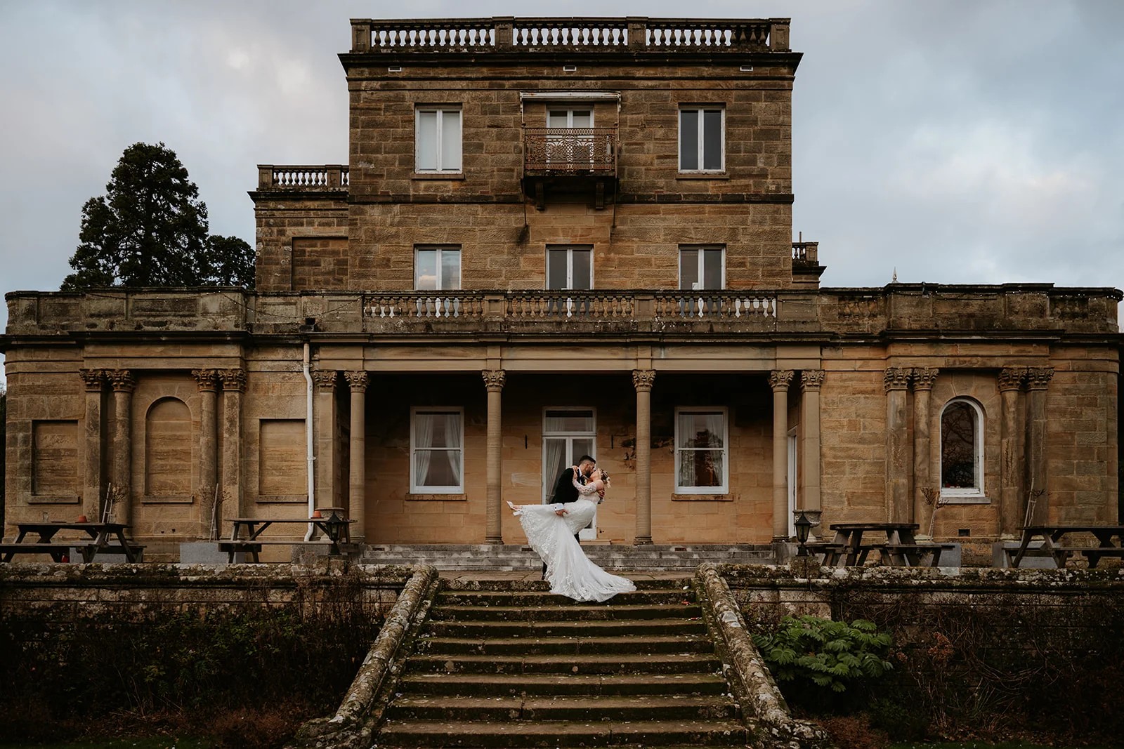 The manor house facade and entrance steps, Salomons Estate
