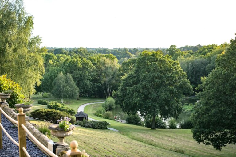 View across the gardens and woodland, Salomons Estate