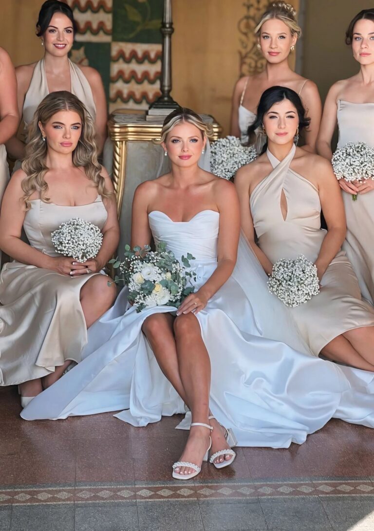 Bride seated with her bridesmaids, hair and make-up styled for the whole party, Samantha Pretto