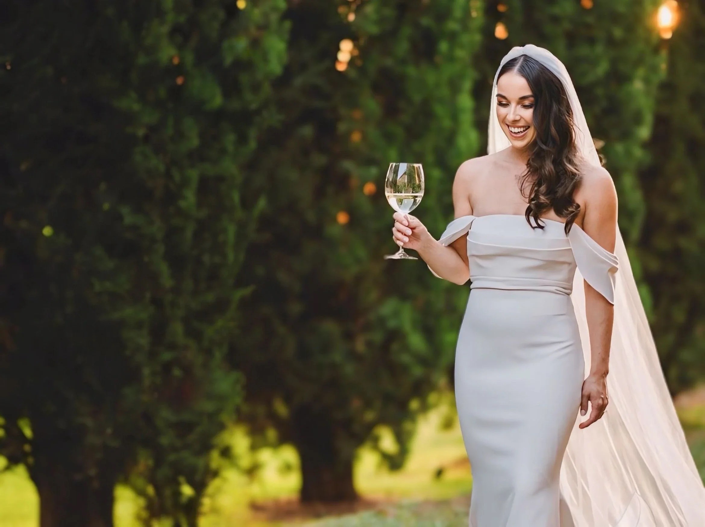 Bride with a glass of wine under the evening light, soft waves and natural make-up, Samantha Pretto