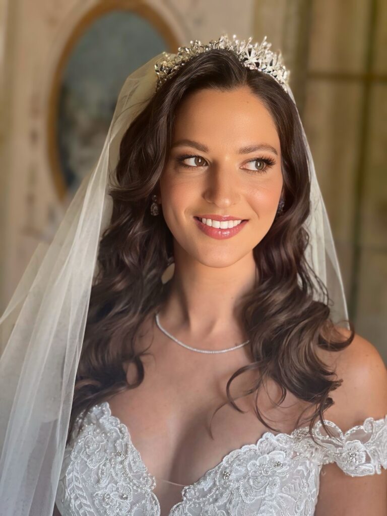 Bride wearing a tiara and veil, glossy waves and soft glam make-up, Samantha Pretto