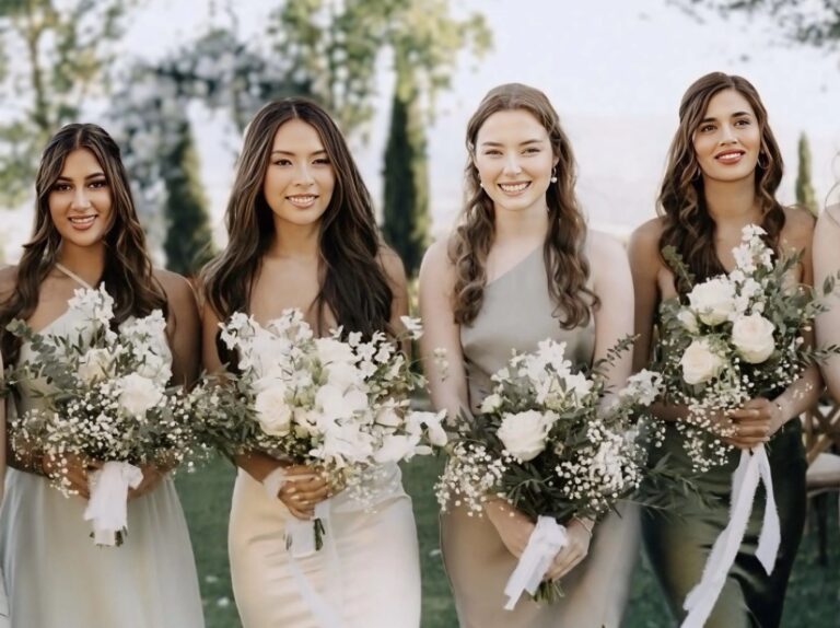 Bridesmaids in matching soft hair and make-up holding white bouquets, Samantha Pretto