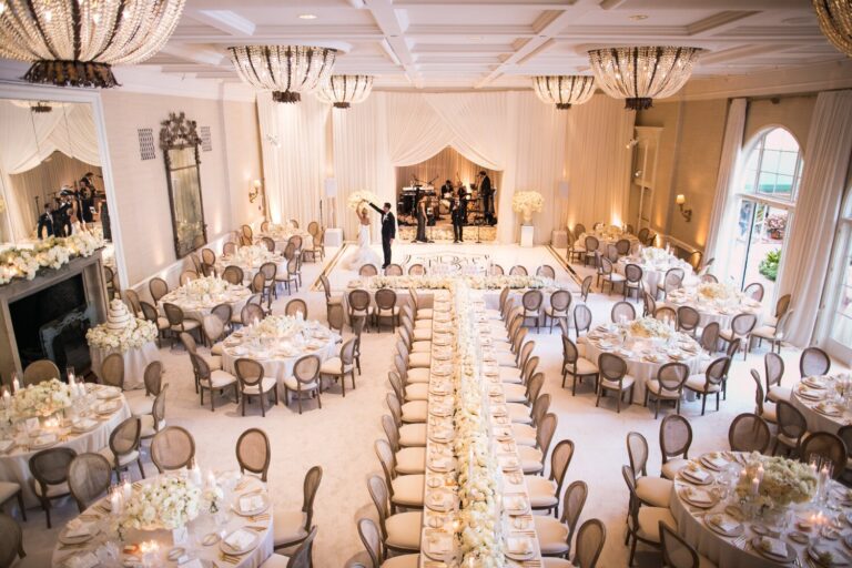 Long banquet tables set in a ballroom, seen from above, Samuel Lippke Studios