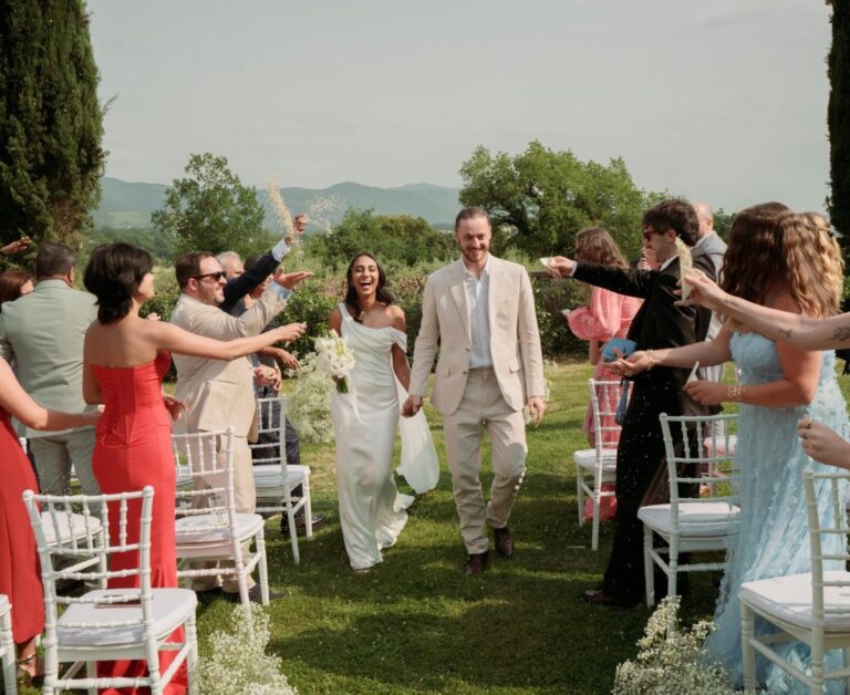 The Ceremony Exit, Confetti and Umbrian Hills, San Pietro sopra le Acque