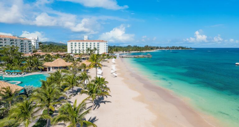 The beach and pool seen from above, Sandals Dunn's River