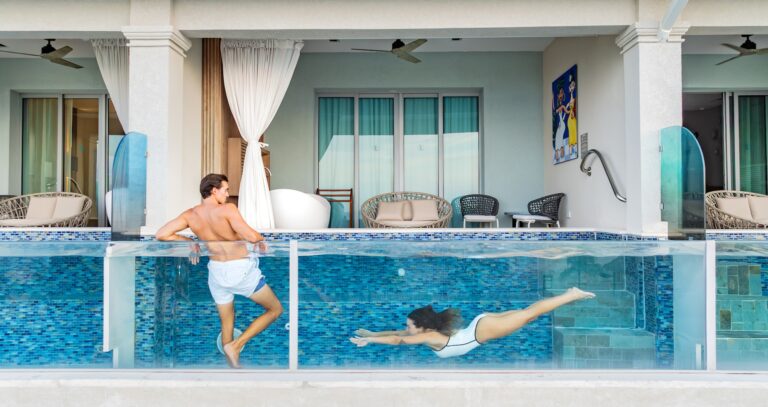 A suite terrace with a glass-fronted private pool, Sandals Dunn's River