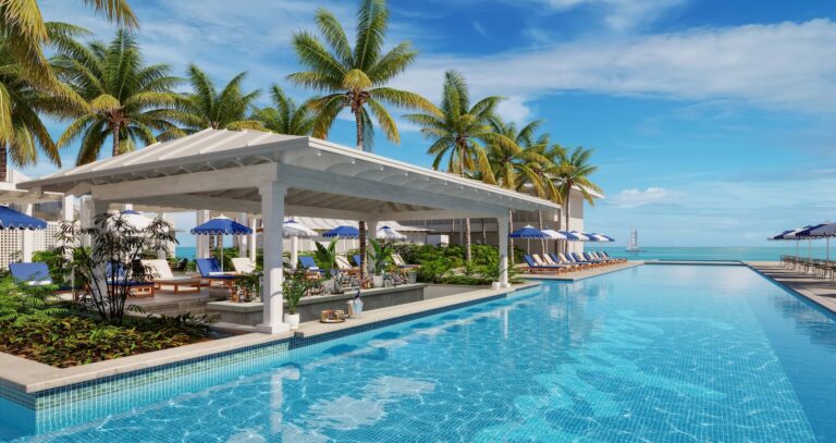 A white pergola infinity pool with loungers, Sandals Royal Caribbean Resort and Private Island
