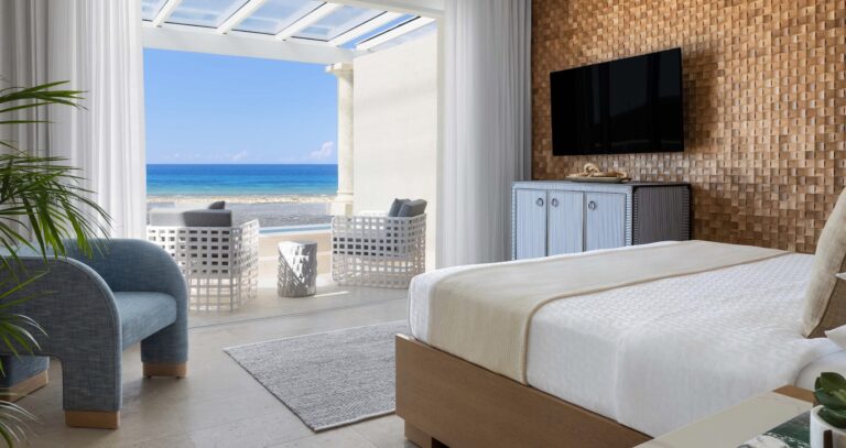 Skypool suite bedroom opening to a terrace with a rooftop pool, Sandals Royal Caribbean Resort and Private Island