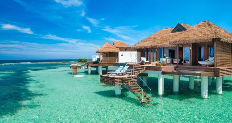 A cluster of overwater bungalows above the reef, Sandals Royal Caribbean Resort and Private Island