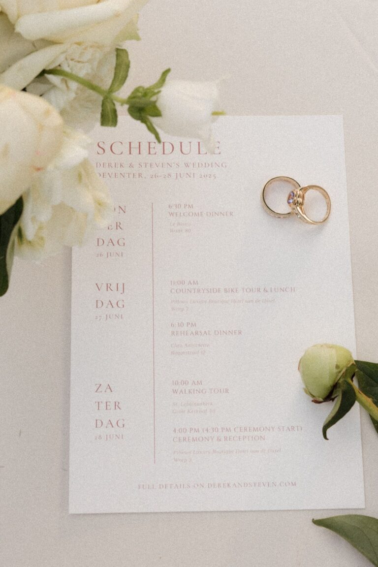 Wedding weekend schedule card with rings and white flowers, Amsterdam, Sante Weddings