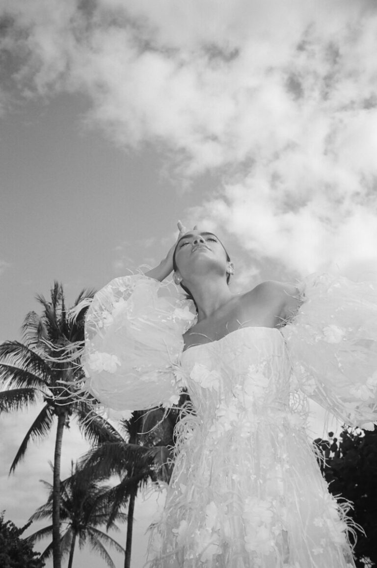 Black and white portrait of a bride among palms, Hotel Esencia, Tulum, Sante Weddings