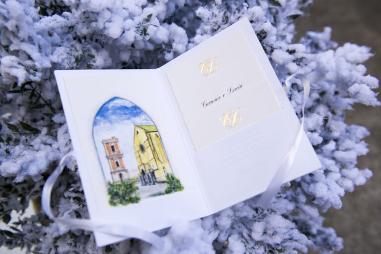 Wedding stationery with a watercolour of the venue, laid on frosted greenery, Sara D'Angelo