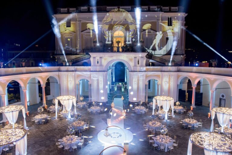 Night reception laid out in the elliptical arcaded courtyard of Villa Campolieto, Ercolano, Sara D'Angelo