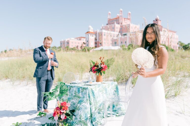Beach ceremony table and couple, Florida, Sarah Linow