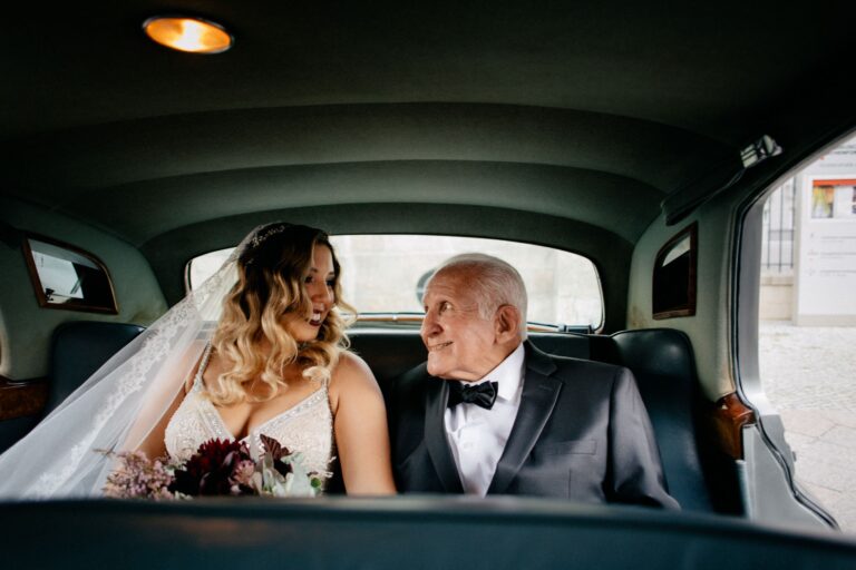 Bride and her father in the wedding car, Sarah Linow