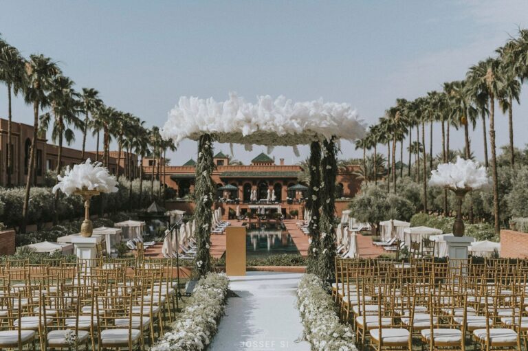 Wedding ceremony set up in the gardens facing the pool, Selman Marrakech