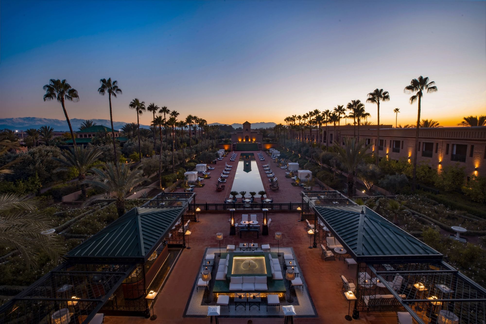 The gardens and pool terraces at sunset, Selman Marrakech