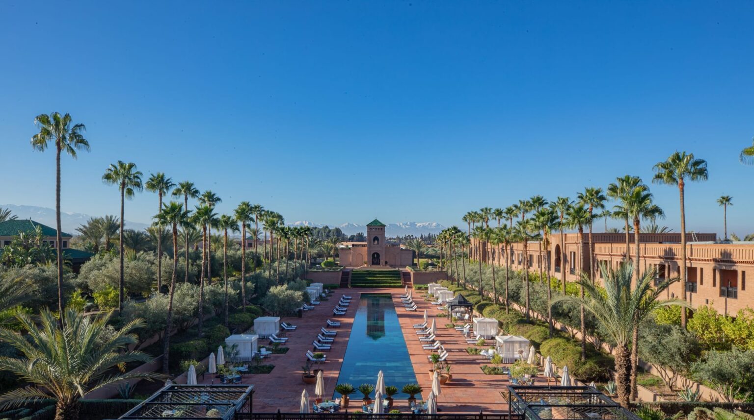 An aerial view of the gardens and the 80-metre pool