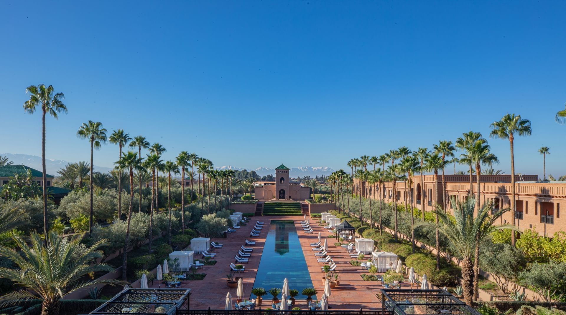 Aerial view of the gardens and the 80-metre pool, Selman Marrakech