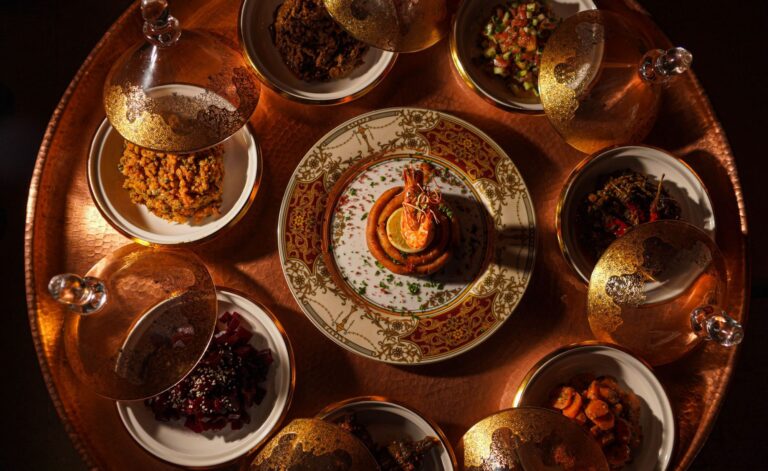 Moroccan dishes served on a copper tray, Selman Marrakech