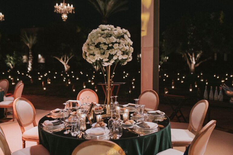 Reception table set for an evening dinner, Selman Marrakech