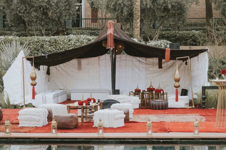 Tented lounge set up beside the pool, Selman Marrakech