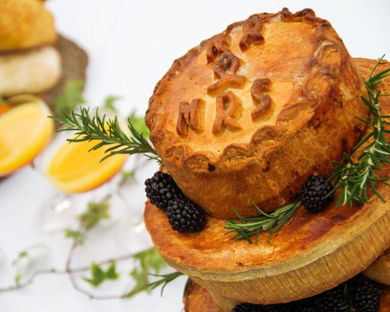 Tiered pork pie wedding cake marked Mr and Mrs, Serendipity Street
