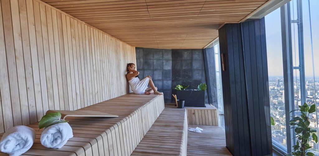 The wood-lined sauna with a full-height window onto the city, Shangri-La Hotel, The Shard, London