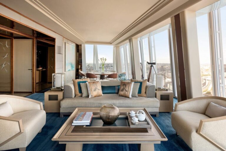 The Westminster Suite sitting room with a telescope and wide views over the city, Shangri-La Hotel, The Shard, London