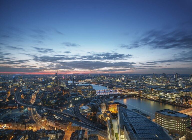 London at dusk from high in The Shard, with the river and the City lit up below, Shangri-La Hotel, The Shard, London