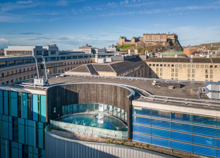 The hotel roof and spa pool with Edinburgh Castle beyond, Sheraton Grand Hotel & Spa, Edinburgh