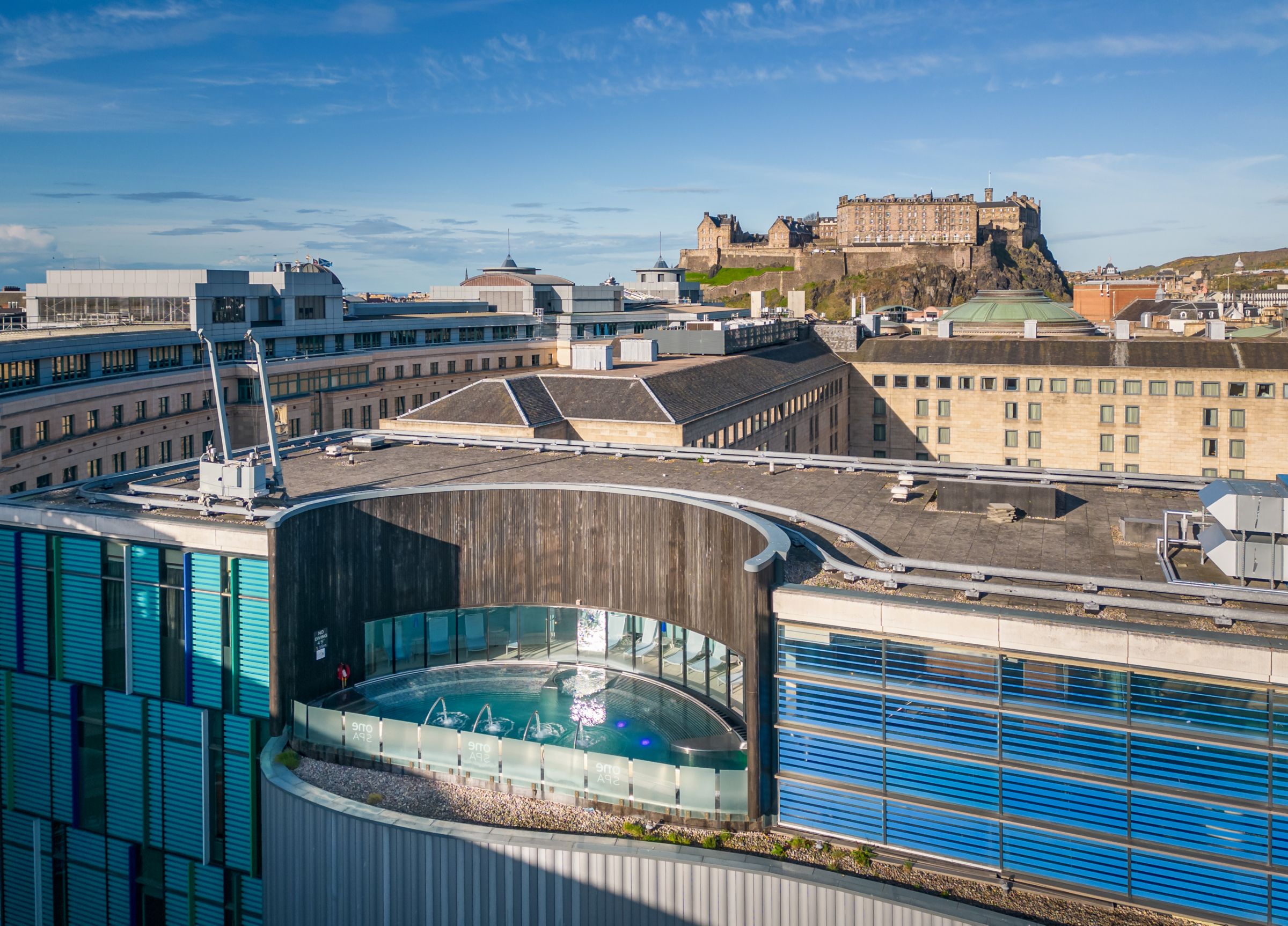 The hotel roof and spa pool with Edinburgh Castle beyond, Sheraton Grand Hotel & Spa, Edinburgh