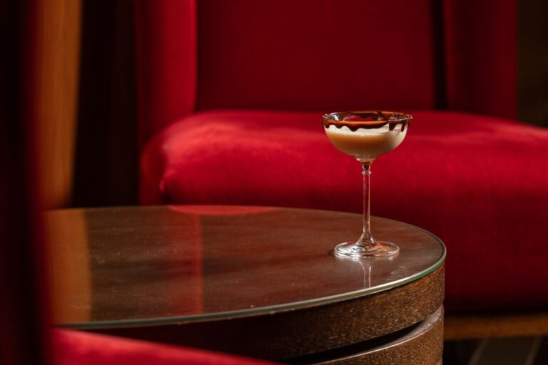 A dessert cocktail on a velvet banquette, Sheraton Grand Hotel & Spa, Edinburgh