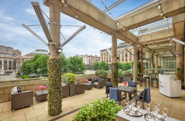 The terrace under glass with planted columns, Sheraton Grand Hotel & Spa, Edinburgh