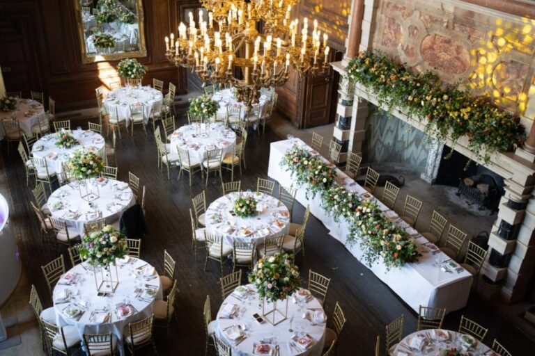 A grand reception room, dressed table to mantel in seasonal bloom, Shilpa Reddy