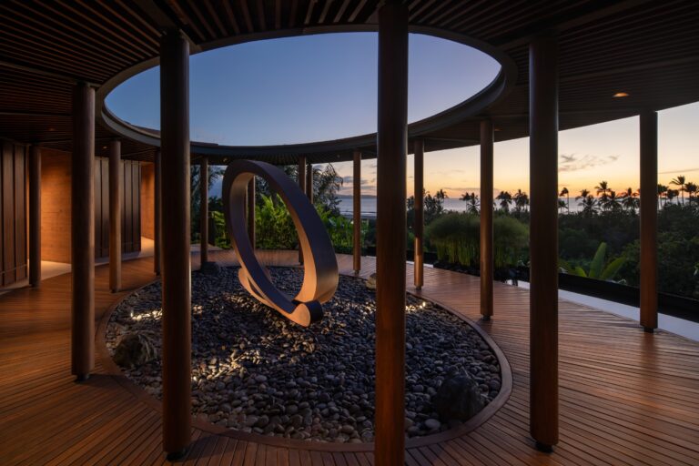 Arrival pavilion interior at sunset, Siari Riviera Nayarit, a Ritz-Carlton Reserve