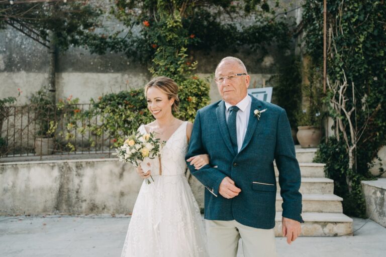 Coming down the villa steps, a lemon tree against the wall, Sicilian Wedding Day