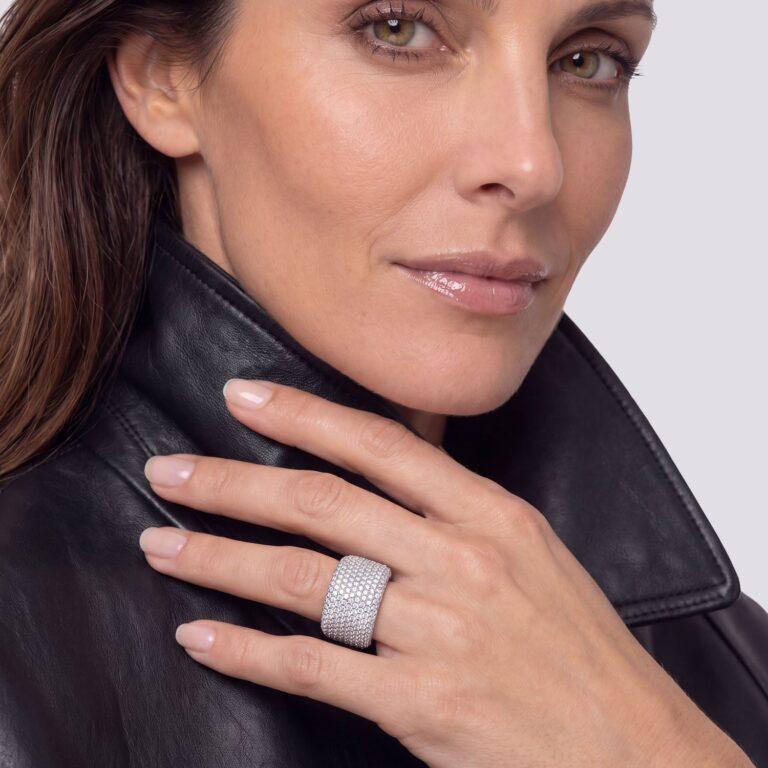 A wide pave diamond band worn with a leather jacket, Sif Jakobs
