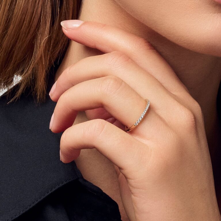 A slim pave diamond band worn on a finger, Sif Jakobs