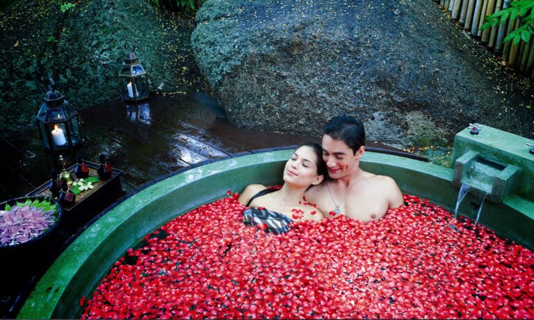 Rose-petal bath for two in a rock-side spa setting, Silavadee Pool Spa Resort