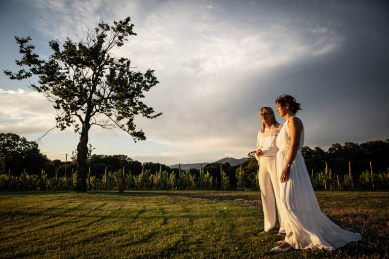 Two brides at sunset among the vineyards of Antonello Colonna Resort, Labico, Silvia Cleri Photography