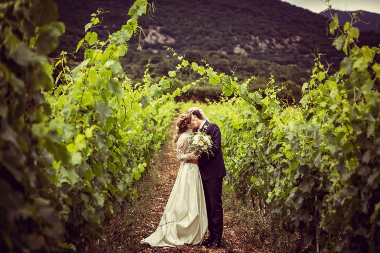 The couple between the vines at Reale Castel di Sangro, a former 16th-century monastery in Abruzzo, Silvia Cleri Photography