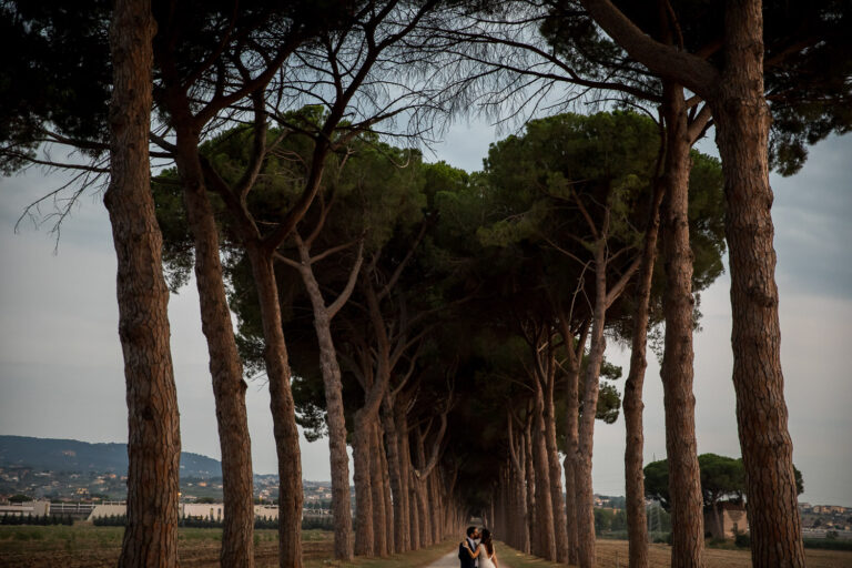 The couple at the end of the umbrella-pine avenue at Tenuta Pantano Borghese, Rome, Silvia Cleri Photography