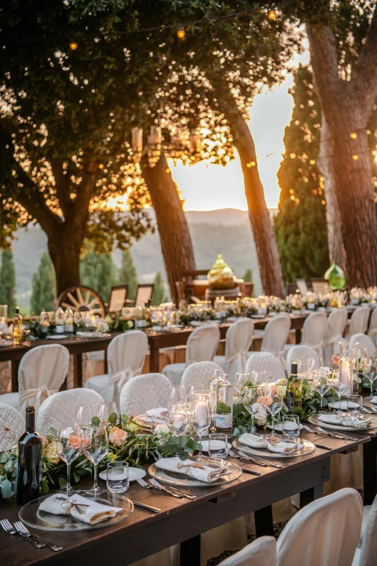 A long dinner table laid under pines as the sun sets over the hills, Simone Perini Photography