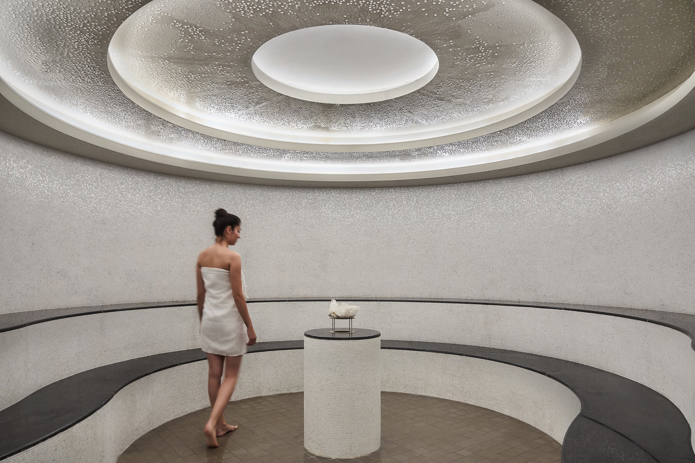 A domed spa room with a ring of stone benches, Six Senses Kaplankaya